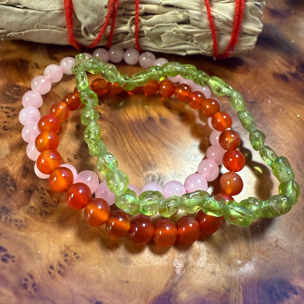 Fertility Crystal Bracelet Stack (3pc) | Carnelian, Peridot, Rose Quartz 6mm